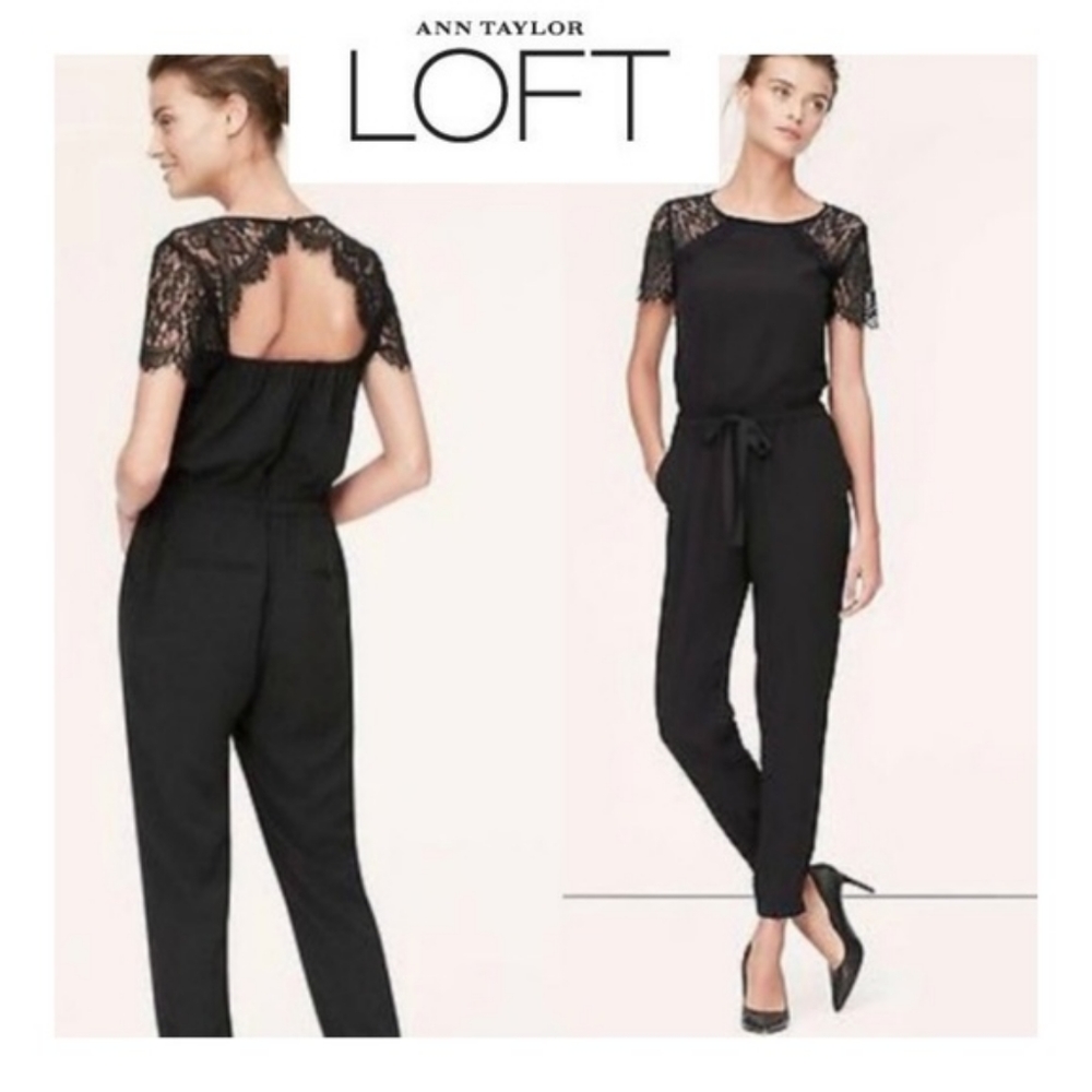 Ann Taylor LOFT black lace jumpsuit romper with waist tie, size 2